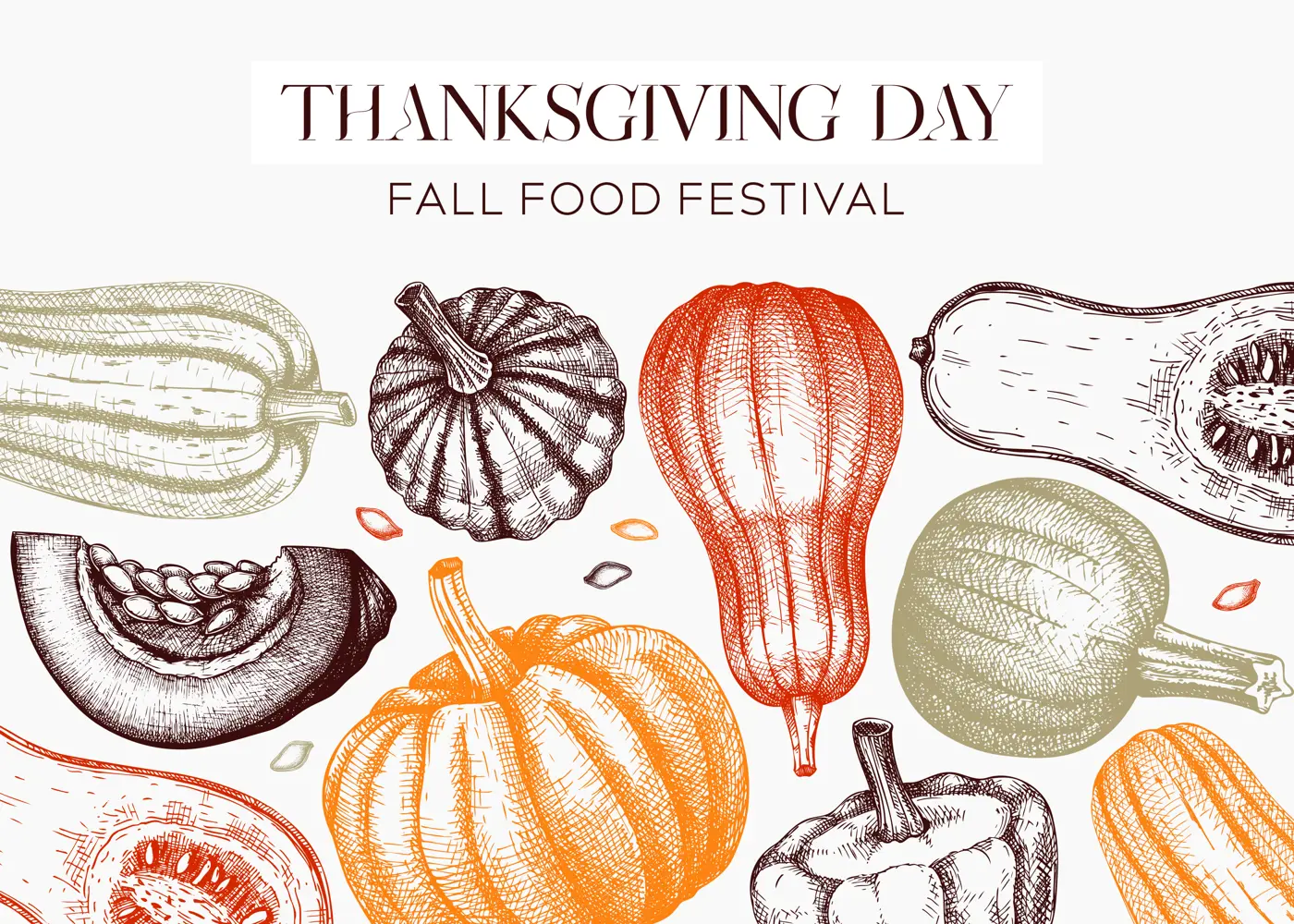 Sketched pumpkin banner in color. Thanksgiving day background. Autumn food drawings. Vector vegetables, butternut squash, marrow, pumpkin slice sketches. Fall Harvest festival frame design Illustration